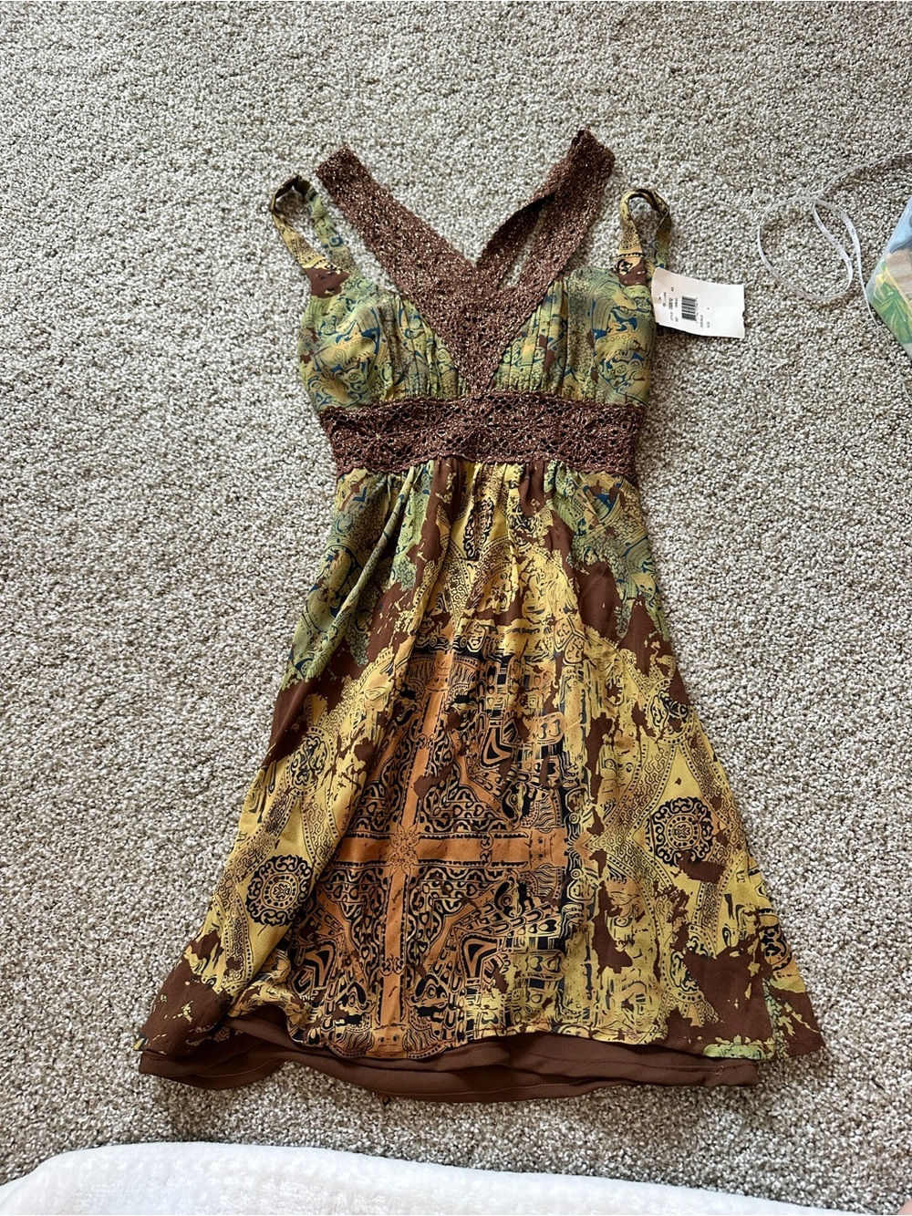 Nicole Miller Crochet-Trim V-Neck Strappy Mini Dress in Brown and Green